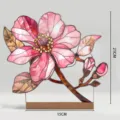 Acrylic Stained Glass Style Floral Desktop Ornament Home Decor Pink Flower with Wood Base - BTU479