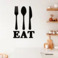 3D En bois Couverts Autocollant Mural Fourchette Cuillère Couteau EAT Panneau Cuisine - MZ184 modèle C : grain de bois noir