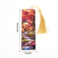 Acrylic stained glass autumn landscape bookmark with gold tassel detail and size display. - SQTYU024