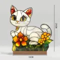 Acrylic cat floral desktop ornament with wooden base, cute stained glass style home decor. - BTU482