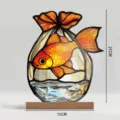 Stained glass style goldfish acrylic tabletop ornament detail view, 21x15cm size with wood base. - BTU483