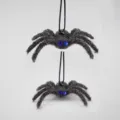 Halloween fuzzy spider hanging ornament flocked party ghost decor prop pair 2pcs - Gray Style with Blue Rhinestone Eyes / 2 Pcs/Set