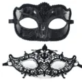 Conjunto de mascaras negras, mascara de plastico con purpurina y mascara de encaje. - Mariposa Brillante Con Flecha De Encaje Y Strass Moldeado