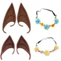 Elfen Ohren und Blumenkranz Set Cosplay Kostüm Zubehör für Halloween Party Verkleidung - Blumenkranz (Gelb+Blau) + Kaffeefarbene Ohren (Lang+Kurz)