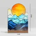 Acrylic stained glass sunrise mountain desktop ornament with wooden base 21x15cm - BTU485