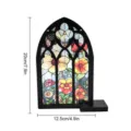 Gothic arched stained glass window wooden ornament detail showing flower pattern and size. - TGMZ003 (Colorful Floral) / With Base & Black String [Cardboard Packaging]