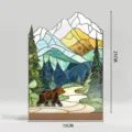 Stained glass mountain and bear desktop ornament with wooden base, 21x15cm home decor. - BTU487