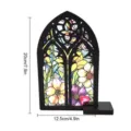 Detailed view of the stained glass wooden arch window desktop ornament showing colorful floral art. - TGMZ004 (Arch Floral) / With Base & Black String [Cardboard Packaging]