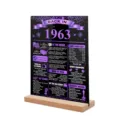 plaque acrylique rétro anniversaire 1963 panneau de table avec socle en bois vintage - BT106B : Style 1963 violet et or
