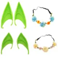 Elfenohren und Blumenkranz Set, perfekte Kostüm Accessoires für Cosplay und Partys. - Blumenkranz (Gelb+Blau) + Limettengrüne Ohren (Lang+Kurz)