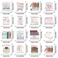 Detailed view of cute book-themed decorative sticker and magnet designs with size dimensions. - Reading Theme (CT427) / Magnetic Sticker