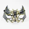 Metal masquerade mask with black and gold glitter finish and rhinestones for party. - Painted Bat Gold