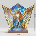 Stained glass style angel acrylic tabletop ornament with wooden base, 21x15cm home decor. - BTU491