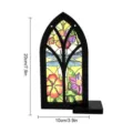 Wooden stained glass style arch window tabletop ornament with dragonfly and floral pattern decor. - TGMZ007 (Dragonfly Floral) / With Base & Black String [Cardboard Packaging]