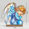 Stained glass acrylic praying angel desktop ornament with wooden base for home decor - BTU492
