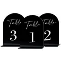 Black acrylic arch table numbers for wedding reception, modern table signs with white text. - BTU329: 3mm Black