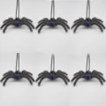 Halloween fuzzy spider hanging ornament decoration for spooky party indoor and outdoor props - Gray Style with Blue Rhinestone Eyes / Set of 6