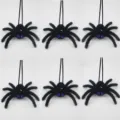 Halloween black fuzzy spider hanging decoration with blue gem eyes party prop set of six pcs - Black Style with Blue Rhinestone Eyes / Set of 6