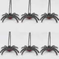 Halloween fuzzy spider hanging ornament with red crystal eyes, perfect for party spooky decor. - Gray Style with Red Rhinestone Eyes / Set of 6