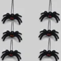 Halloween black fuzzy spider hanging decoration with red crystal eyes for party props - Black Style with Red Rhinestone Eyes / Set of 6