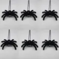 Halloween black plush spider hanging ornament creepy party indoor and outdoor spooky decoration - Black Style with White Rhinestone Eyes / Set of 6