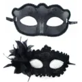 Zwarte masker set met veren en glitters voor feestelijk carnaval en masquerade decoratie. - Matte Vlinder Met Drakenpatroon Zijbloem