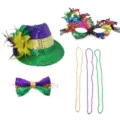 Mardi Gras feest kostuum set detail met pailletten hoed, masker, vlinderdas en kleurrijke kralen. - Eén maat / Mardi Gras Hoed En Masker En Vlinderdas En Kralenketting