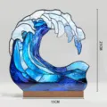 Stained glass wave acrylic desktop ornament with wooden base artistic home decor 21x15cm - BTU494