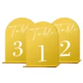 Detailed view of gold acrylic arch wedding table numbers with clear printed digits and stable base. - BTU329: 2mm Double-Sided Gold