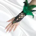 Joli bracelet de main gothique en dentelle noire et plume verte pour fête Halloween. - Style Plume Verte Ring-Linked