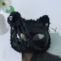 Halloween black cat mask with skeleton hand and rose, spooky costume party prop variant. - Rose Hand Bone Mask - Black