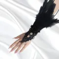 Bracelet de main en dentelle et plumes gothique noir pour femmes, bijoux vintage. - Style Rose Noire Ring-Linked