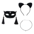 Sexy rhinestone cat mask set with ears headband and choker, perfect for Halloween party. - Luxury Tassel Cat Mask Set