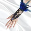 Gothique noir dentelle plume main bracelet bague pour halloween costume fête spectacle bijoux - Style Dentelle Strass Bleu
