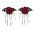 Halloween gotische roos skelet hand haarspelden met vleermuisvleugels voor dames. - Zwarte Vleermuis Donkerrode Roos Haarspeld (Retro Handbot) Paar