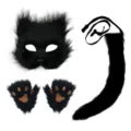 Zwarte pluche Halloween kostuum set met kattenmasker, poot handschoenen en staart. - Eén maat / Zwarte 3-delige Set