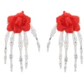 Halloween Gothische Skelet Hand Haarclips met Rode Roos Haarspelden Schedel Haaraccessoires - Helrode Roos Haarspeld (Retro Handbot) Paar