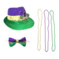 Mardi Gras feest kostuum set met pailletten fedora hoed strik en kleurrijke kraal kettingen voor feest. - Eén maat / Mardi Gras Hoed En Vlinderdas En Kralenketting
