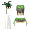 Carnavalsfeest kostuumset met veren masker, pailletten franje top en kleurrijke kralenkettingen. - Eén maat / Mardi Gras Masker En Kralen En Top En Rok