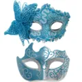 Masquerade koppel halfgelaatsmaskers blauwe kant vlinder en zilveren glitters feest rekwisieten - Drakenmotief Zijvlinder Combiset - Blauw