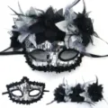 Stijlvol Venetiaans masker half gezicht met veer lelie bloemen voor feest en partij. - Zwart Zilver