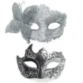 Zilveren kant vlinder en zwart wervel masker paar voor koppels feest kostuum rekwisieten - Drakenmotief Zijvlinder Combiset - Zilver