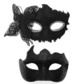 Set masker voor koppel, zwarte kanten vlinder en gesneden halfgelaatsmaskers. - Drakenmotief Zijvlinder Combiset - Zwart