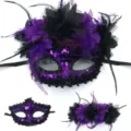 Paarse Veder Masker Kostuum Feest Carnaval Venetiaans Half Gezicht Variant Artikel - Zwart Paars