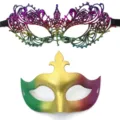 Kleurrijke verloop masker bal halve gezicht voor carnaval feest kostuum accessoire. - Puntige Masker Set (Groen Goud Paars) / 2-delige set