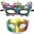 Set van kleurrijke kanten en prachtige verloop maskers voor feest, bal en carnaval. - Kroonmasker Set (Groen Goud Paars) / 2-delige set