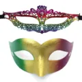 Kleurrijke verloop kant en metalen masker set voor carnaval feest en verkleedpartij. - Beauty Masker Set (Groen Goud Paars) / 2-delige set