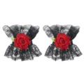Elegante zwarte kant polsmanchetten met rode roos, Lolita decoratieve nep mouwen paar. - Zwart Kant Rose