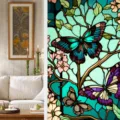 Stained glass window film detail showing retro colorful butterflies and flowers pattern. - BL114 / 45*100cm Pure Frosted