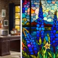 Stained glass window film detail showing colorful floral pattern on transparent glass surface. - BL113 / 45*100cm Pure Frosted